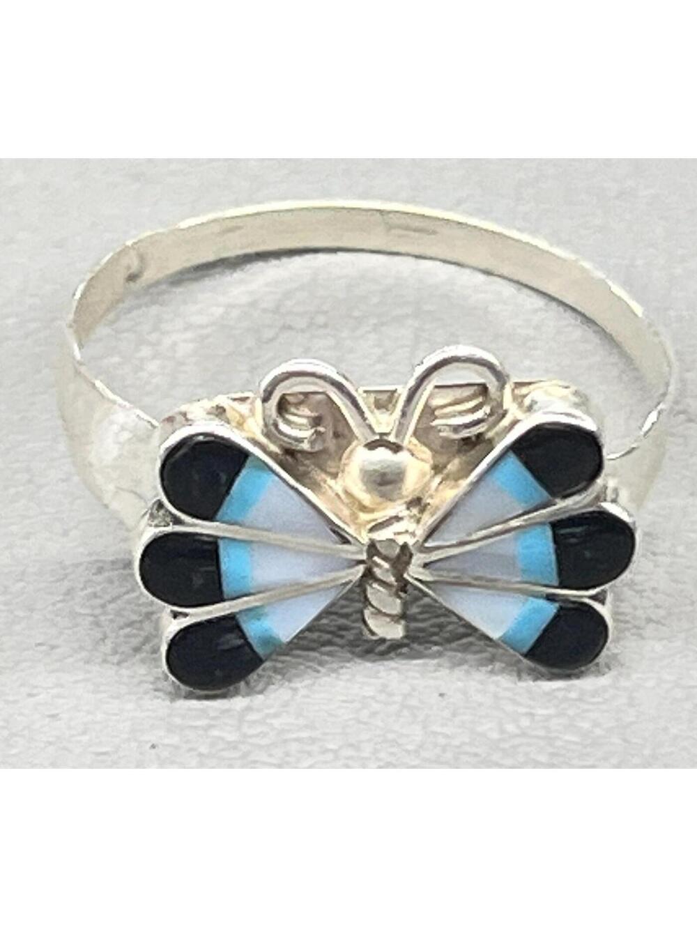 Zuni sterling silver turquoise mother of pearl onyx inlay butterfly ring inlay